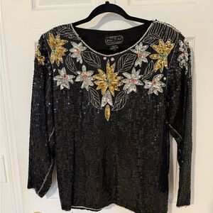 VINTAGE Sequined Top Black/Gold/Silver Handmade GORGEOUS Shoulder Pads SM EUC